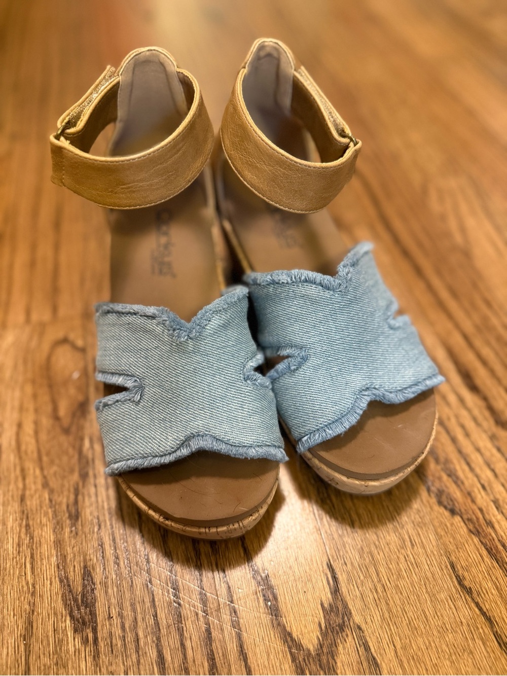 Women’s Corky’s Denim & Tan Ankle-Strap Wedge Sandals